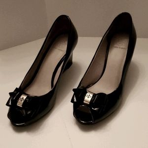 Tory Burch stacked bow peep toe wedge pump
